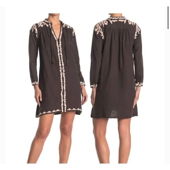 Raga Embroidered Mini Long Sleeve Grey Dress Cotton Small NWT - Picture 1 of 10